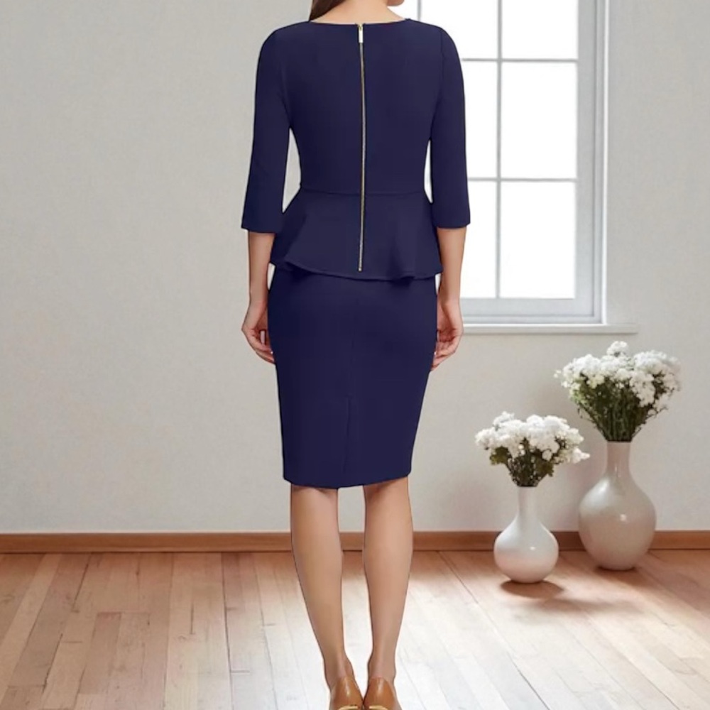 LIKE NEW Calvin Klein Midnight Blue Peplum Dress with Gold Zipper - Picture 2 of 13
